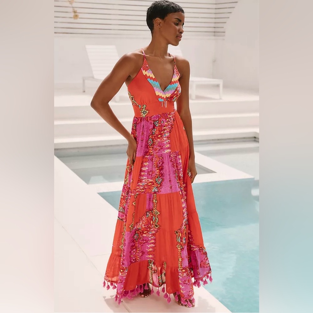 Anthropologie Barok Paris Beaded Tiered Maxi Dress Orange Pink Boho Small - Picture 2 of 14